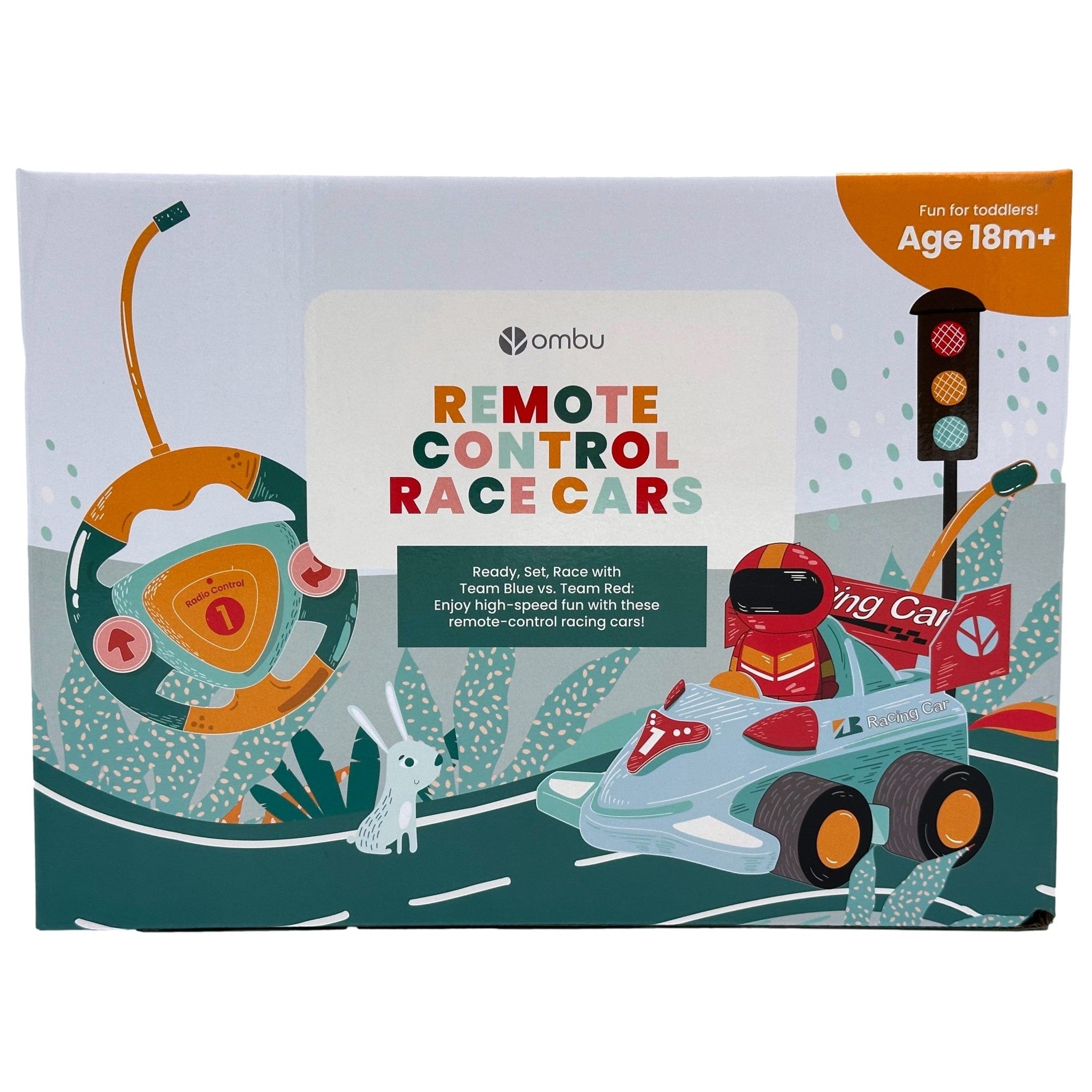 A box for a remote-control race car set featuring a toy race car, remote control, and a traffic light.